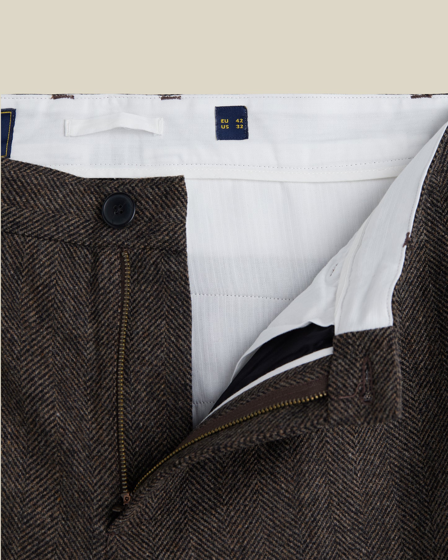 Wool Herringbone Trousers in Brown