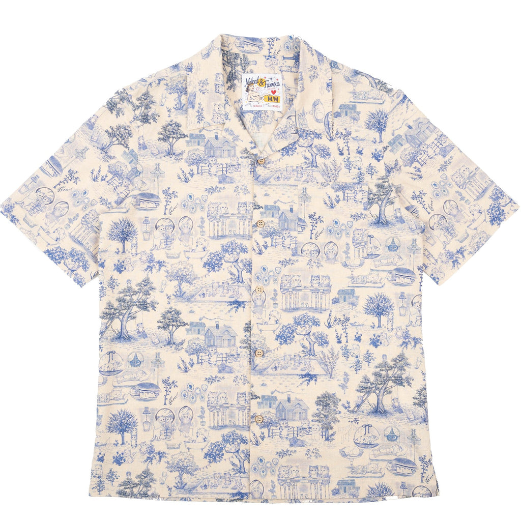 Aloha Shirt in Blue Linen Cats
