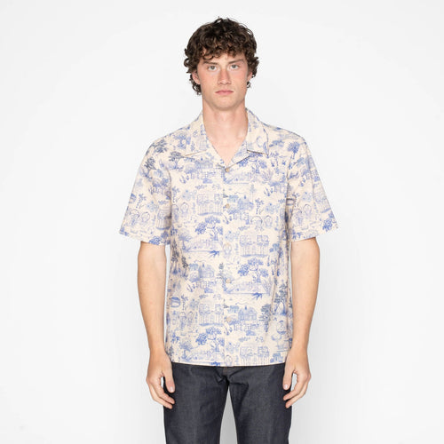 Aloha Shirt in Blue Linen Cats