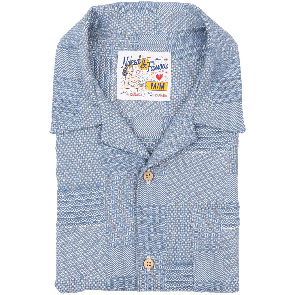 Aloha Shirt in Pale Blue Dobby Patchwork
