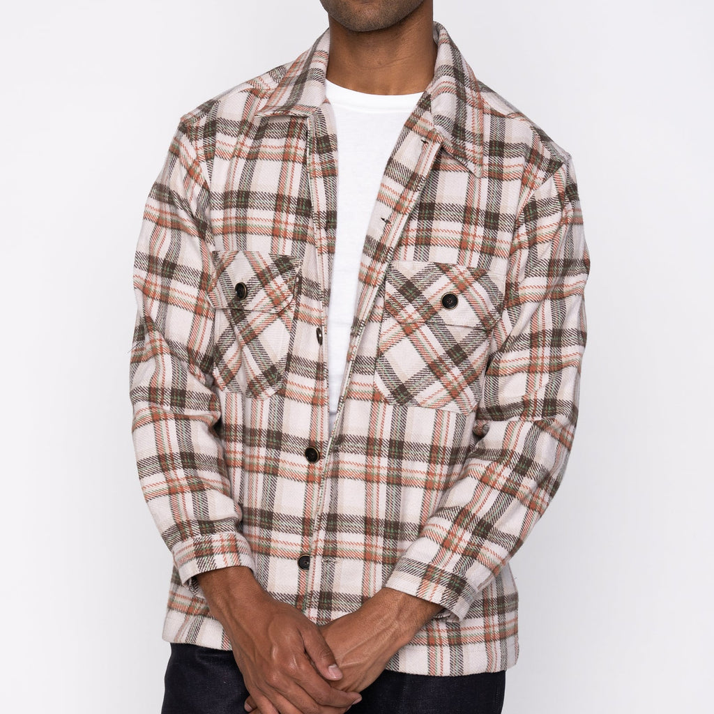Over Shirt in Beige Triple Yarn Twill Check Brush