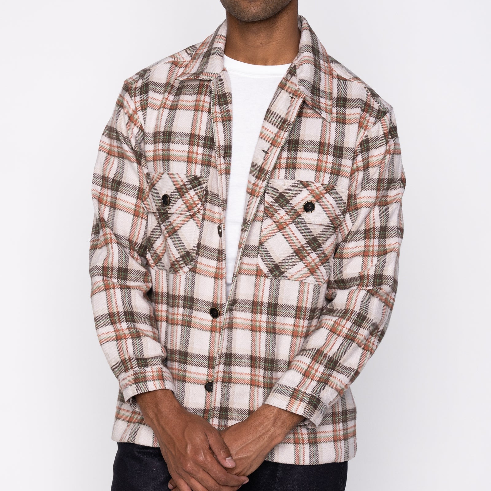 Over Shirt in Beige Triple Yarn Twill Check Brush