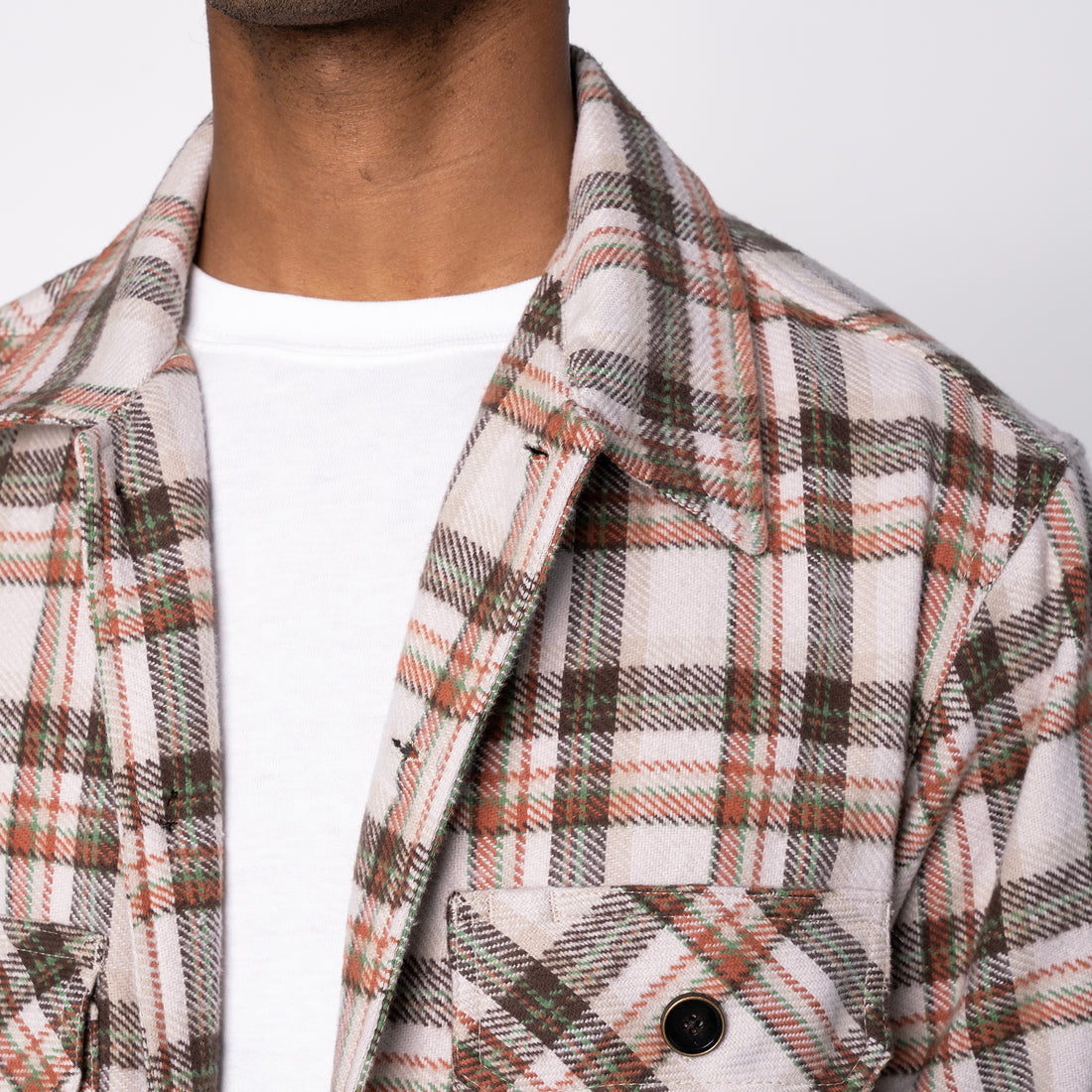 Over Shirt in Beige Triple Yarn Twill Check Brush