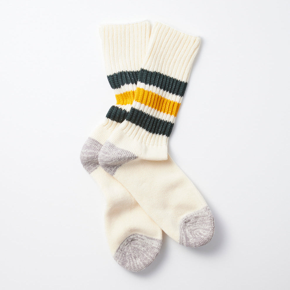 Coarse Ribbed Oldschool Crew Socks in Dark Green & Yellow