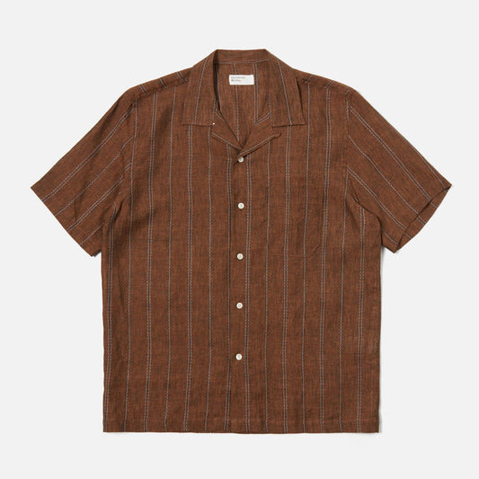 Road Shirt in Brown Striped Linen