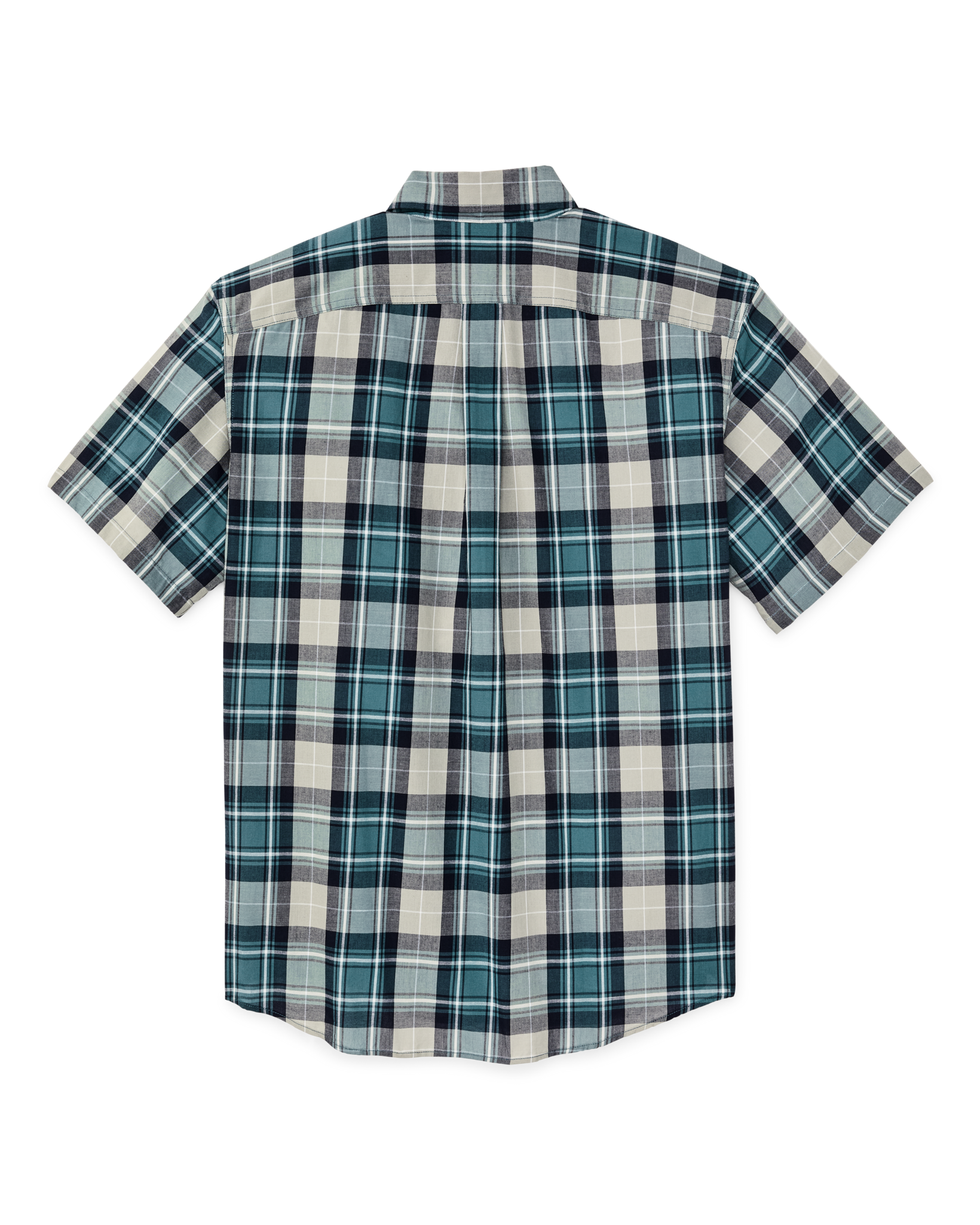 Short Sleeve Madras Popover Shirt in Gray Teal Multicolor