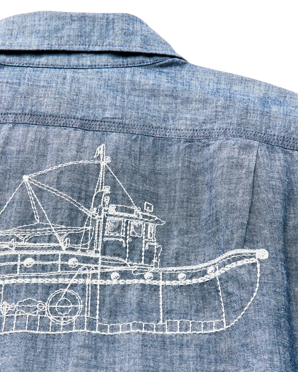 Short-sleeve Embroidered Chambray Shirt in Rinsed Indigo