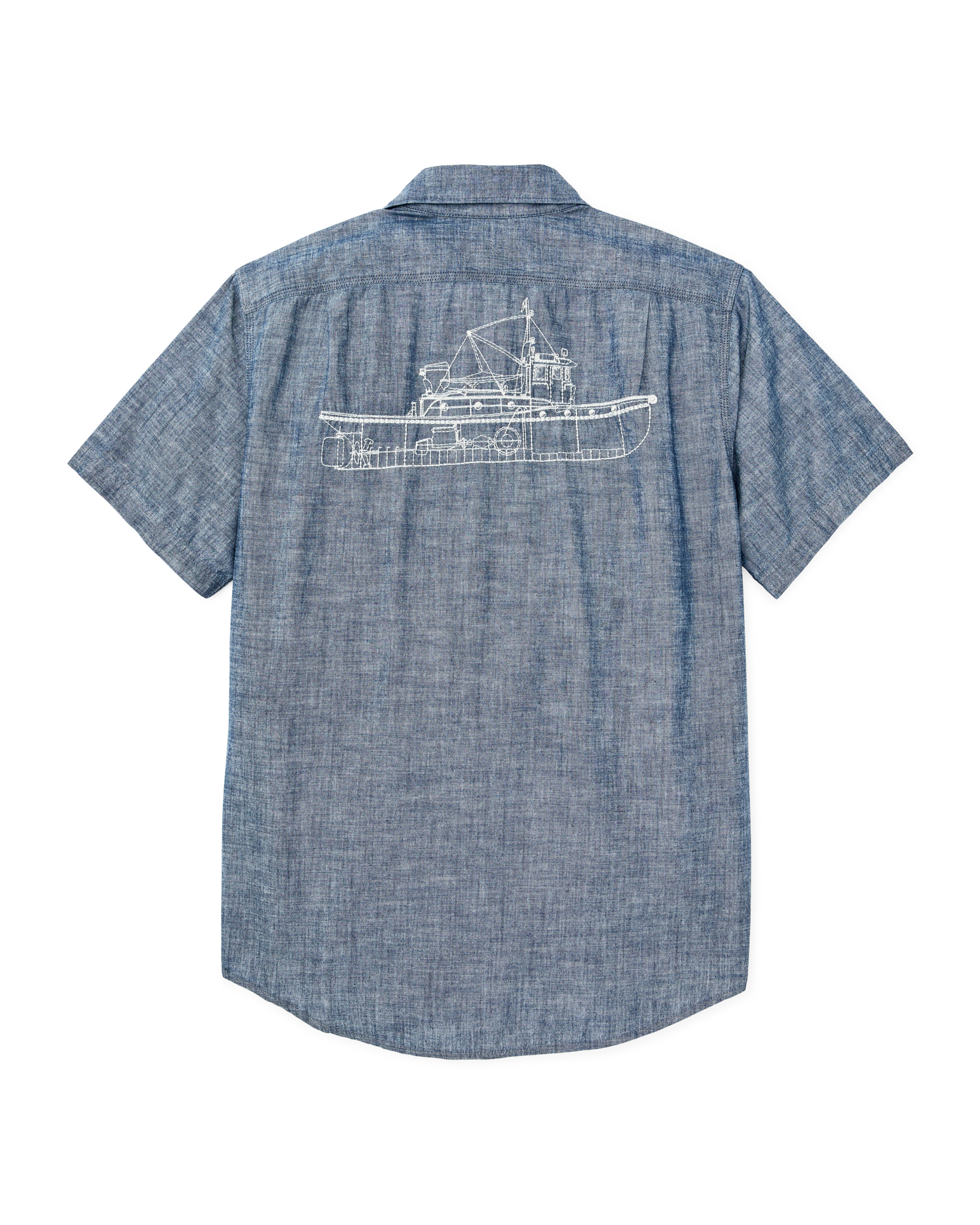 Short-sleeve Embroidered Chambray Shirt in Rinsed Indigo