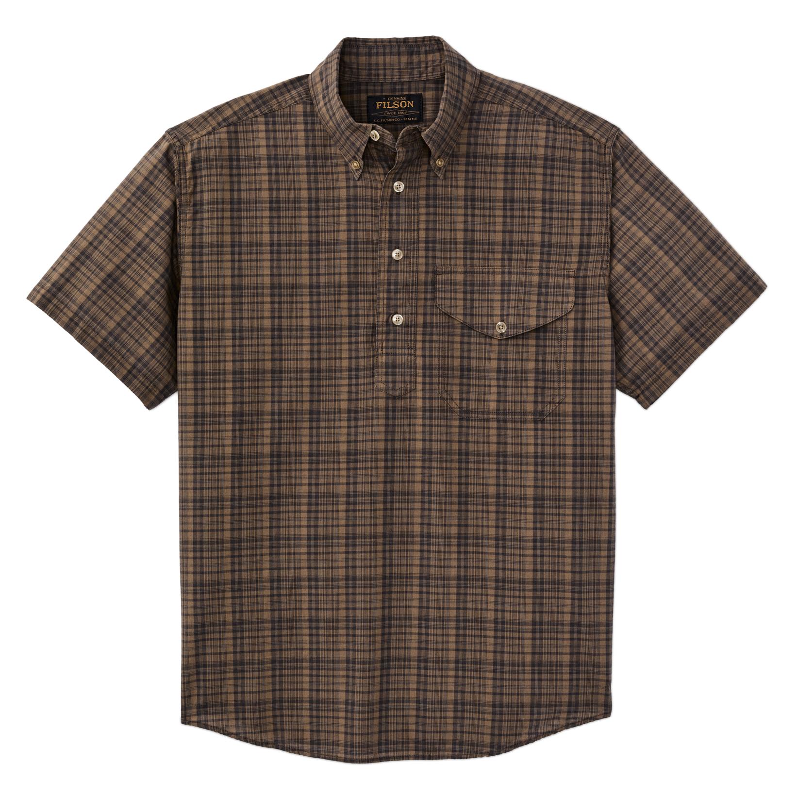 Short Sleeve Madras Popover Shirt in Brown Olive Plaid