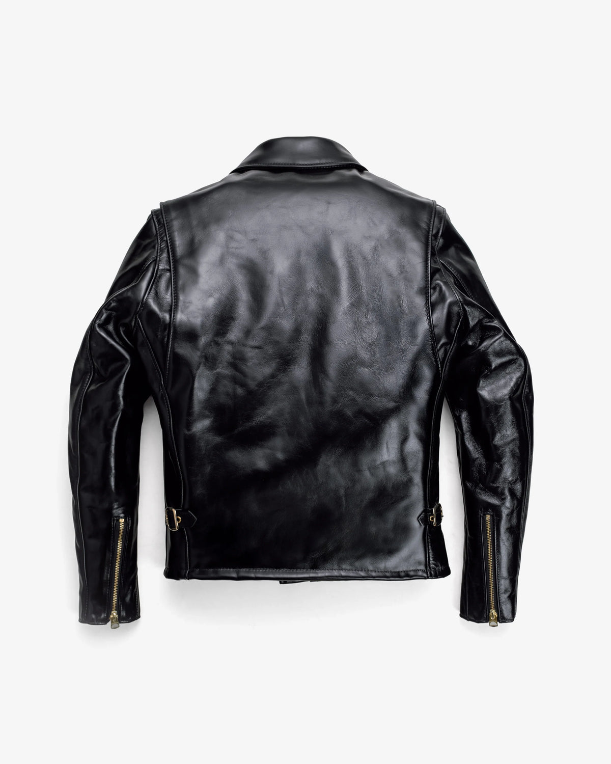 Rear flat lay of black horsehide leather jacket. See product details for more information.