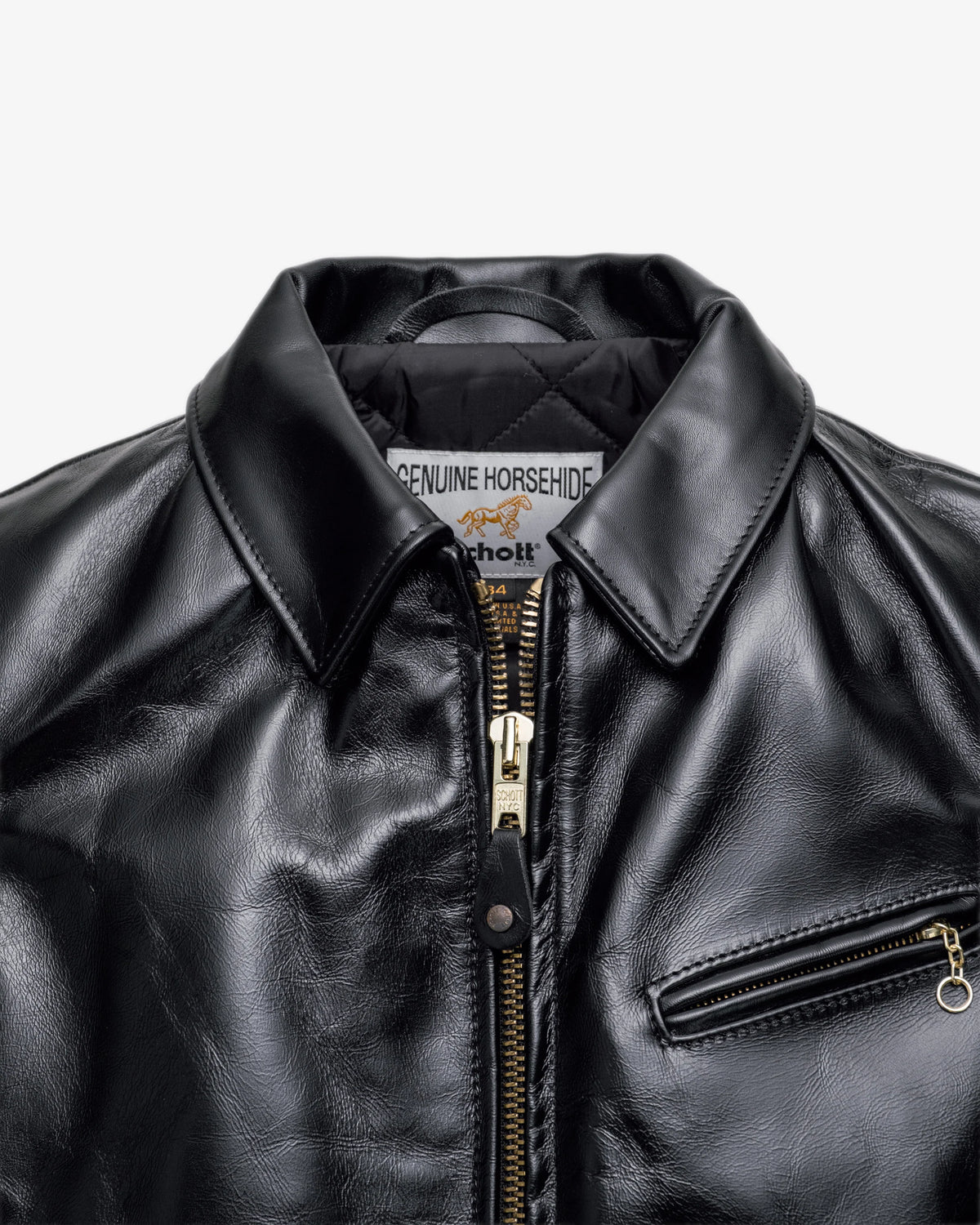Collar shot of black horsehide leather jacket. "Genuine Horsehide Schott" patch with horse illustration visible. See product details for more information.