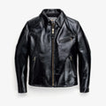 Flat lay of black horsehide leather jacket with symmetrical zip. See product details for more information.
