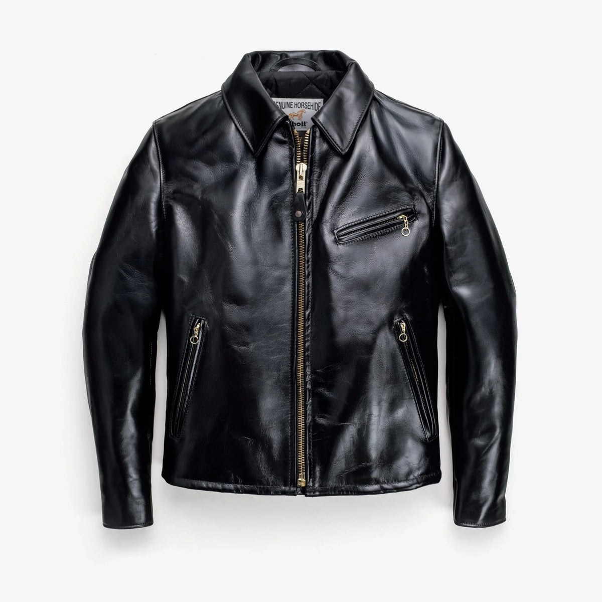 Flat lay of black horsehide leather jacket with symmetrical zip. See product details for more information.