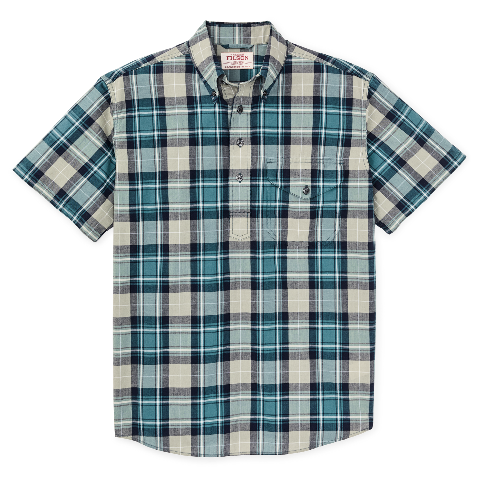 Short Sleeve Madras Popover Shirt in Gray Teal Multicolor