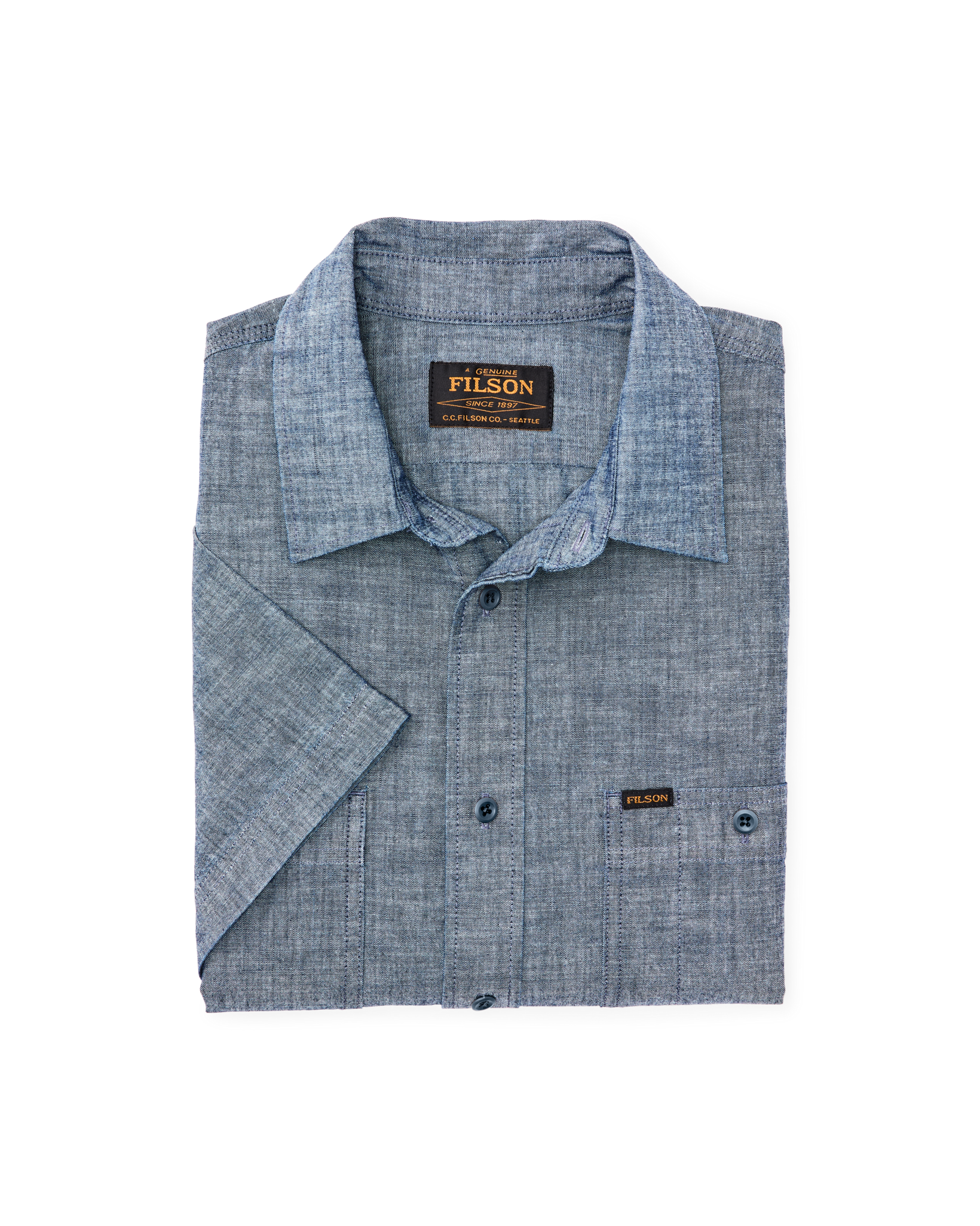 Short-sleeve Embroidered Chambray Shirt in Rinsed Indigo