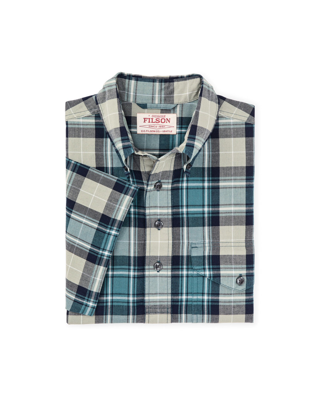 Short Sleeve Madras Popover Shirt in Gray Teal Multicolor