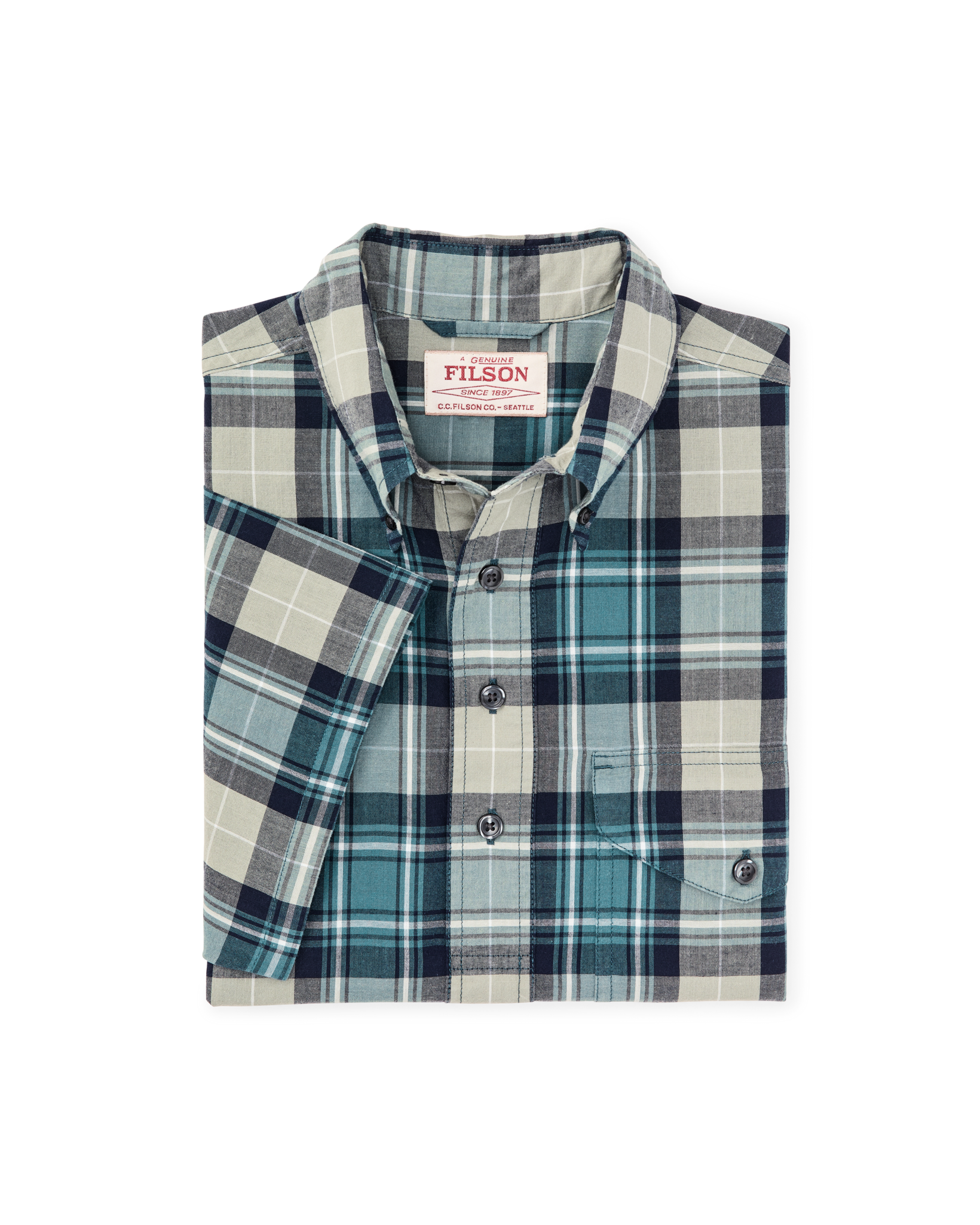 Short Sleeve Madras Popover Shirt in Gray Teal Multicolor