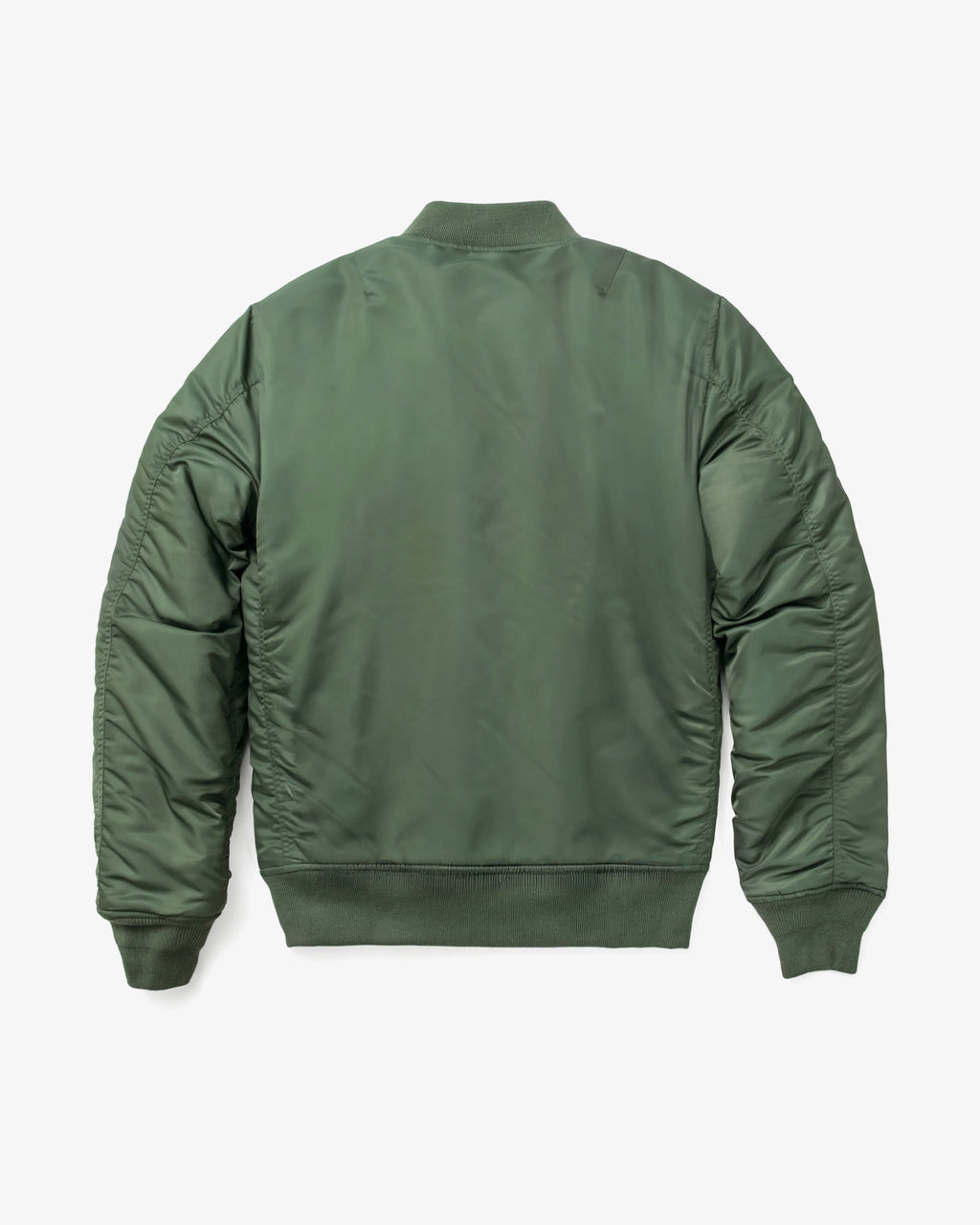 Sage bomber jacket flat lay on white background, rear shot. See product details for more information.