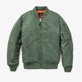 Sage bomber jacket flat lay on white background. See product details for more information.