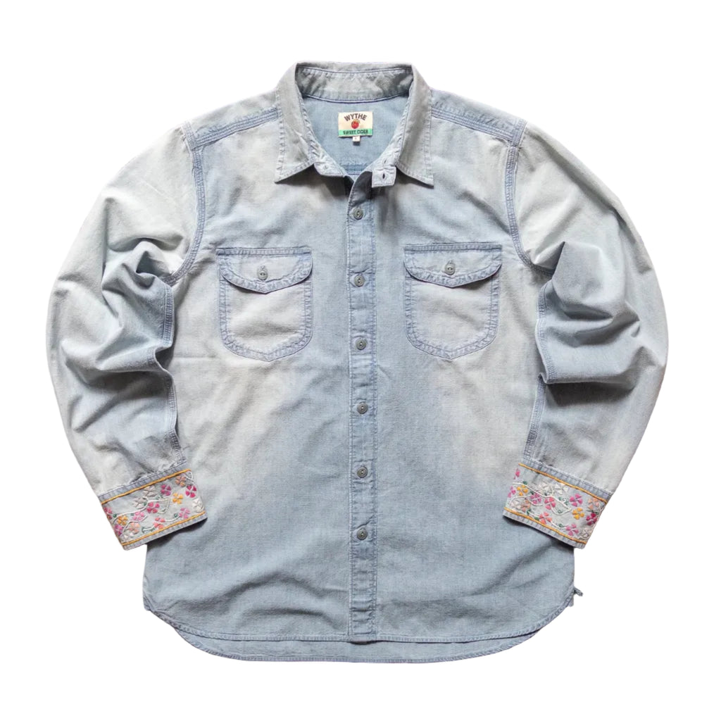 Embroidered Chambray Workshirt in Distressed and Sunfaded Indigo