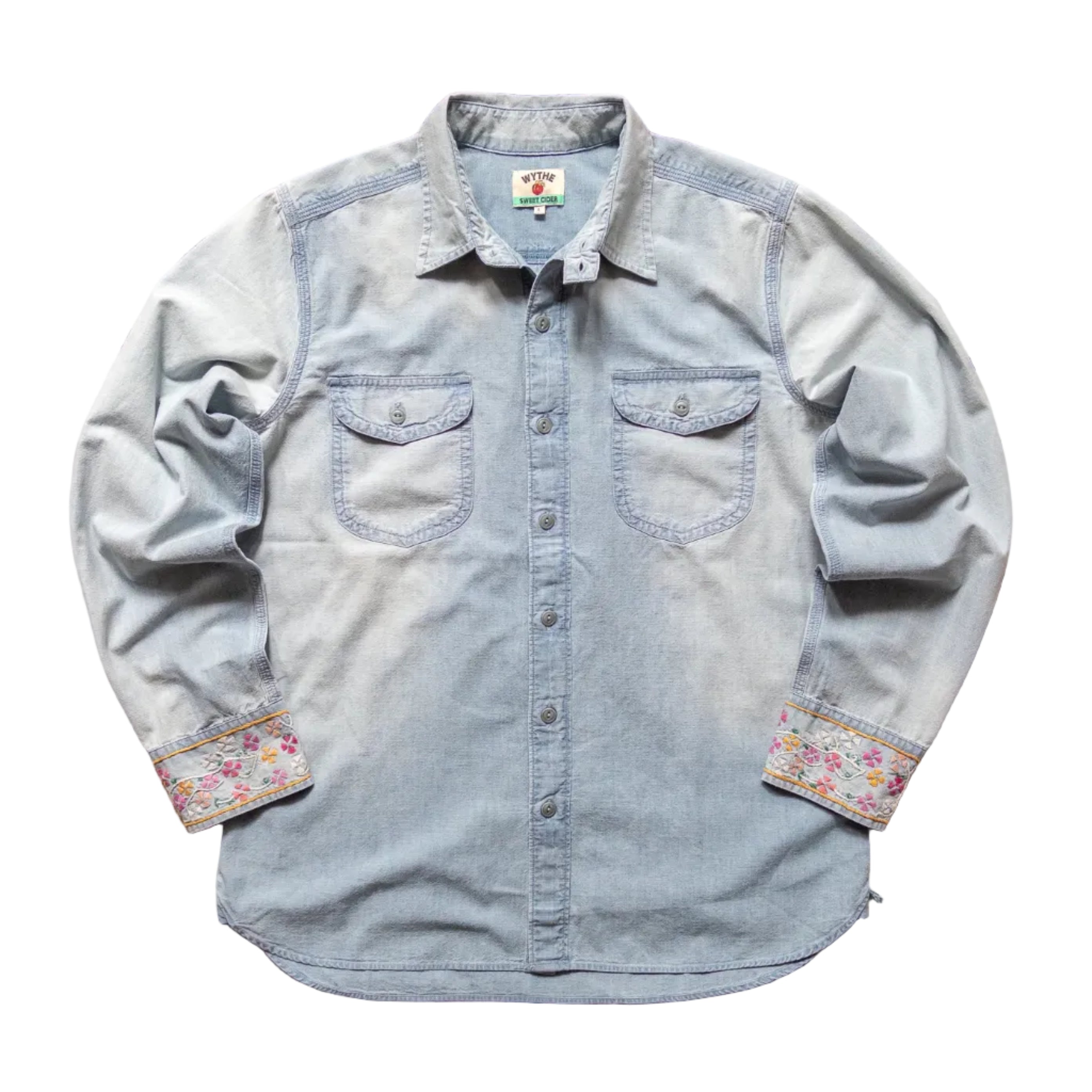 Embroidered Chambray Workshirt in Distressed and Sunfaded Indigo