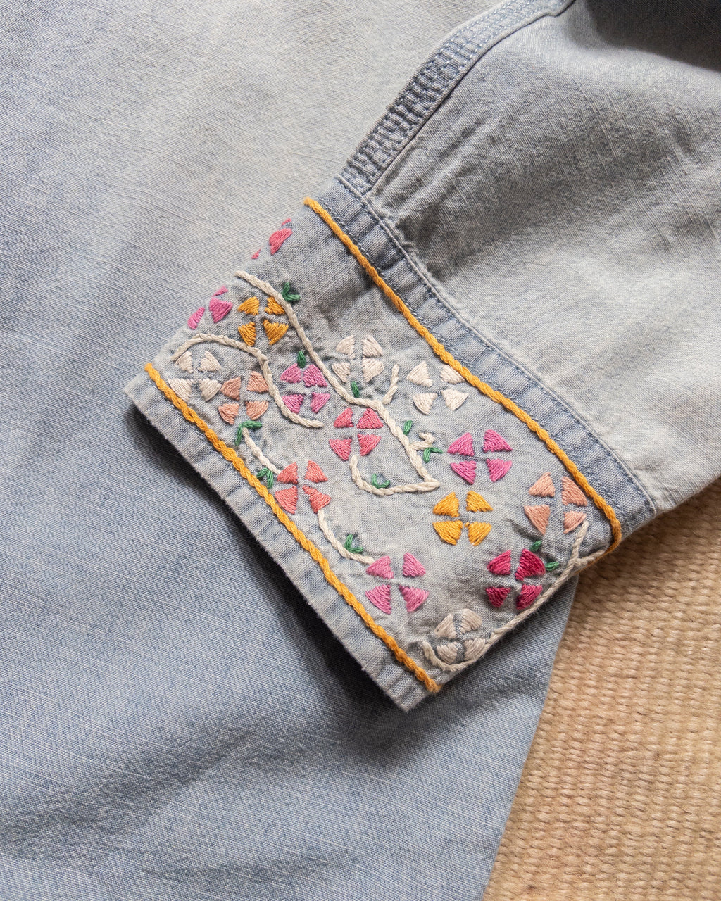 Embroidered Chambray Workshirt in Distressed and Sunfaded Indigo