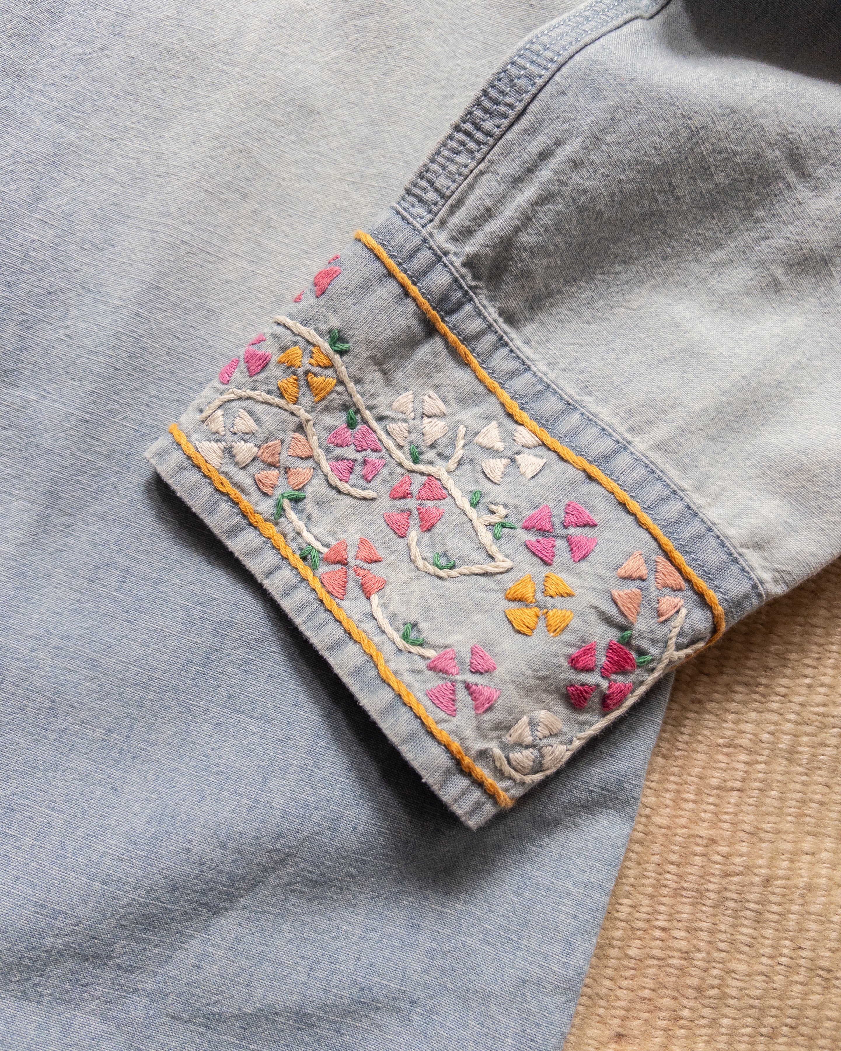 Embroidered Chambray Workshirt in Distressed and Sunfaded Indigo