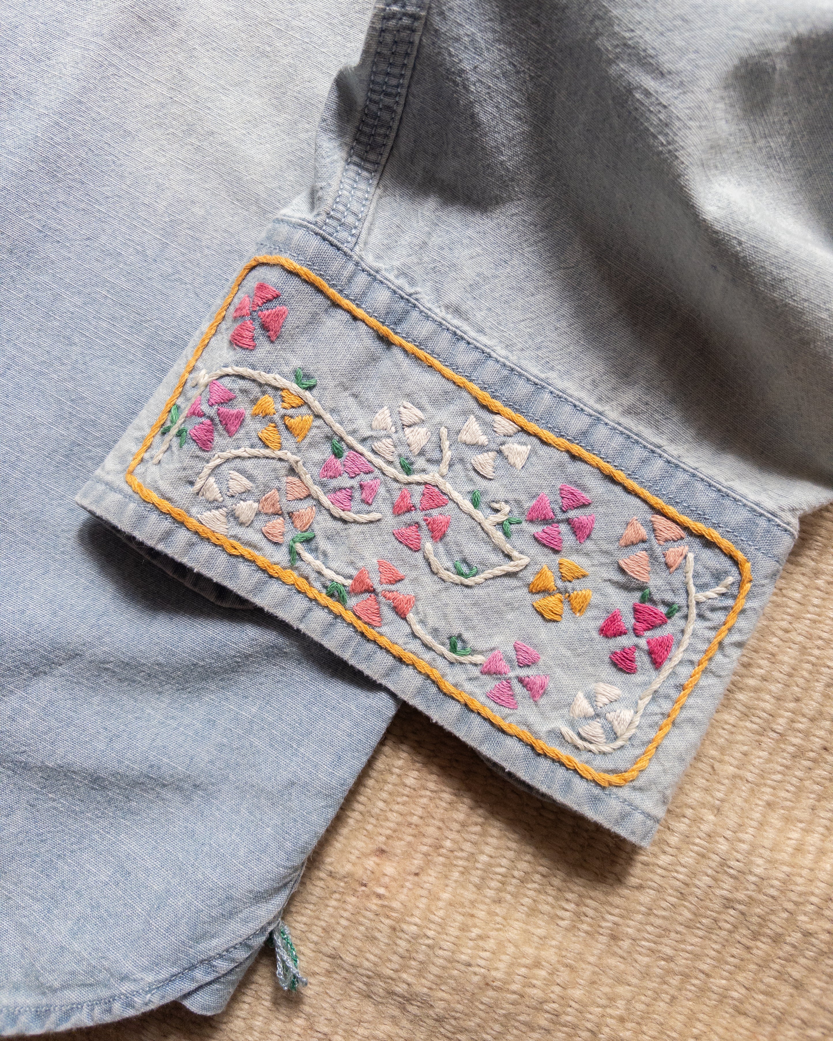 Embroidered Chambray Workshirt in Distressed and Sunfaded Indigo