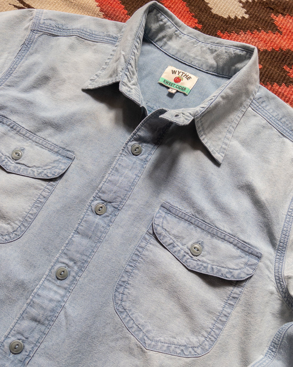 Embroidered Chambray Workshirt in Distressed and Sunfaded Indigo