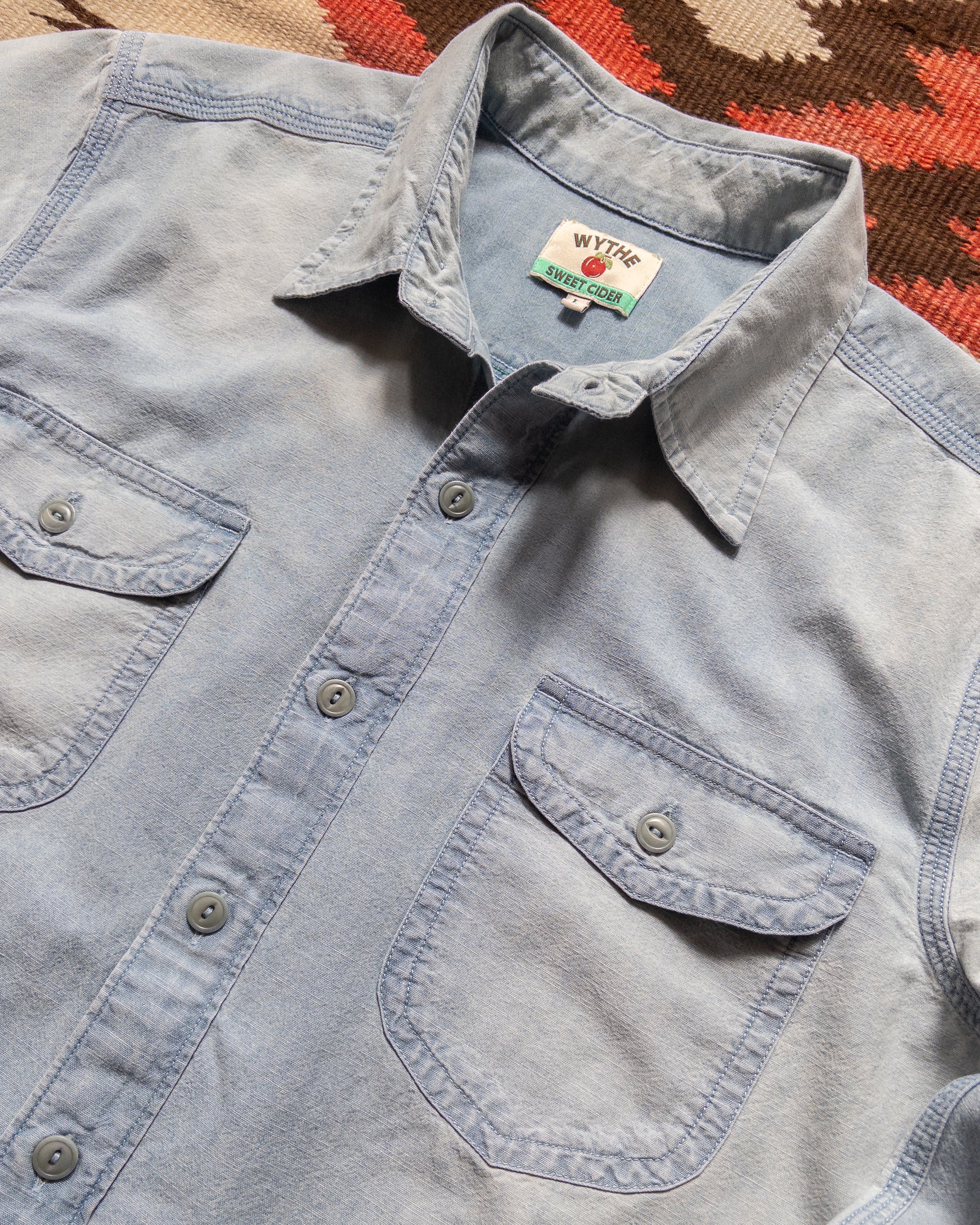 Embroidered Chambray Workshirt in Distressed and Sunfaded Indigo
