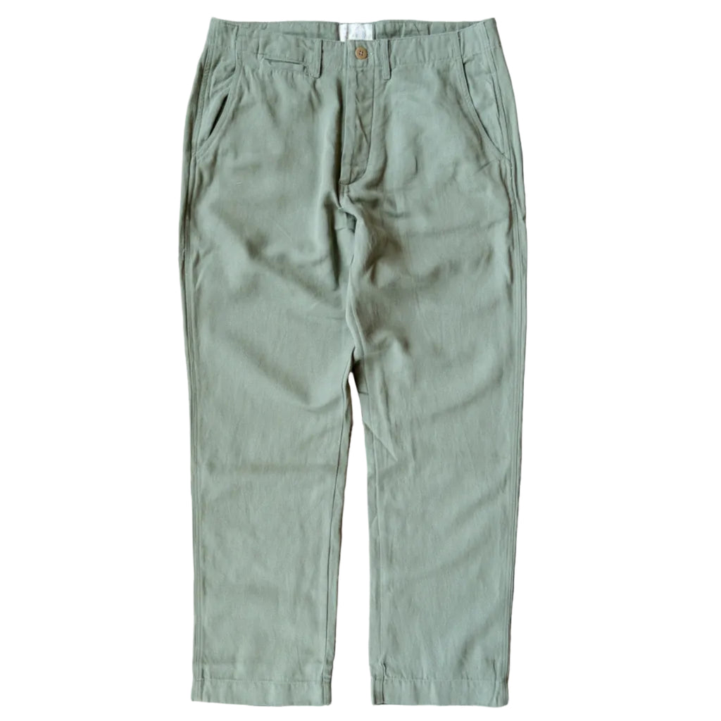 Flat Front Cotton Linen Twill Chino in Faded Olive