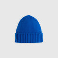 Flat lay of classic wool beanie, blue color. See product details for more information.