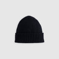Flat lay of classic wool beanie, black color. See product details for more information.