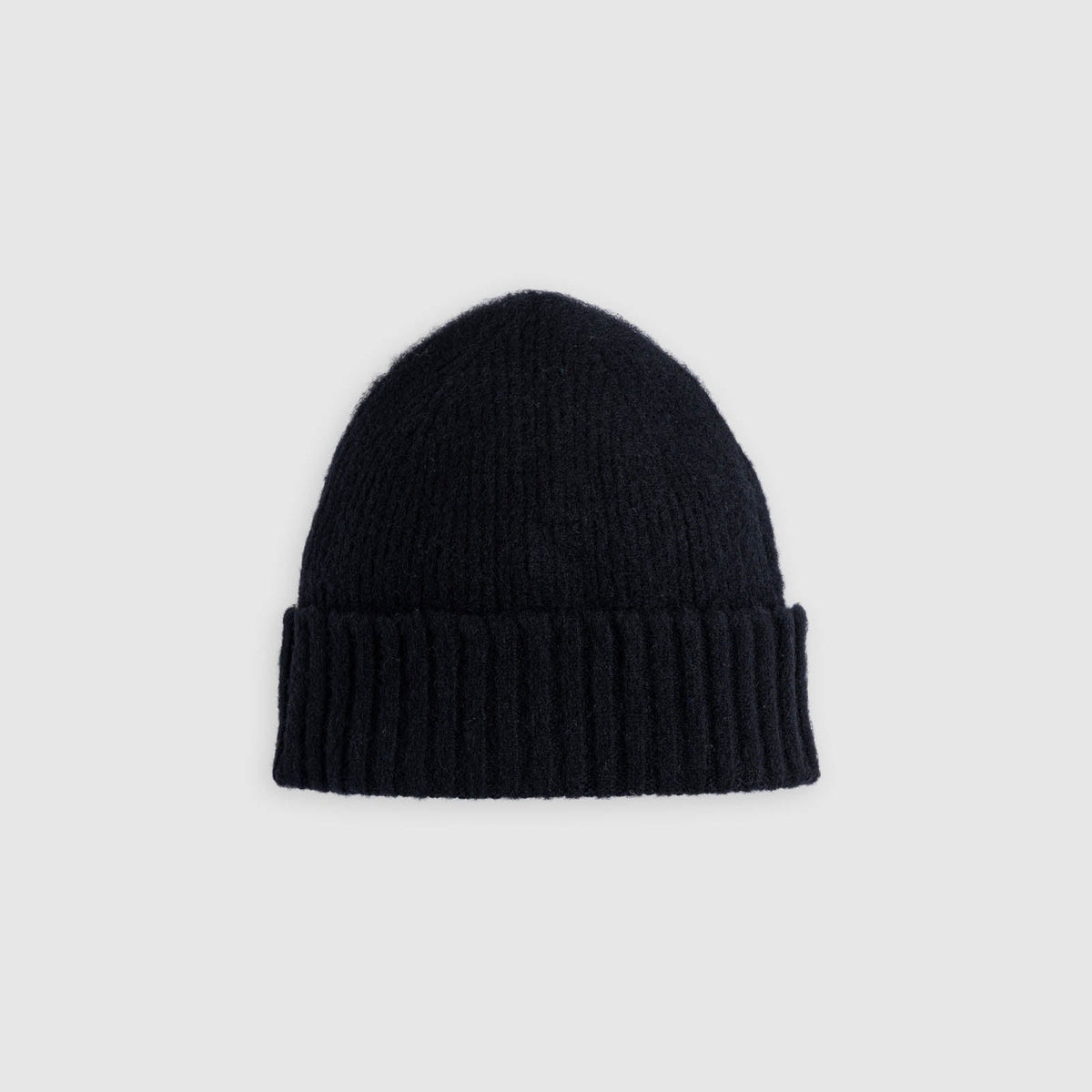 Flat lay of classic wool beanie, black color. See product details for more information.