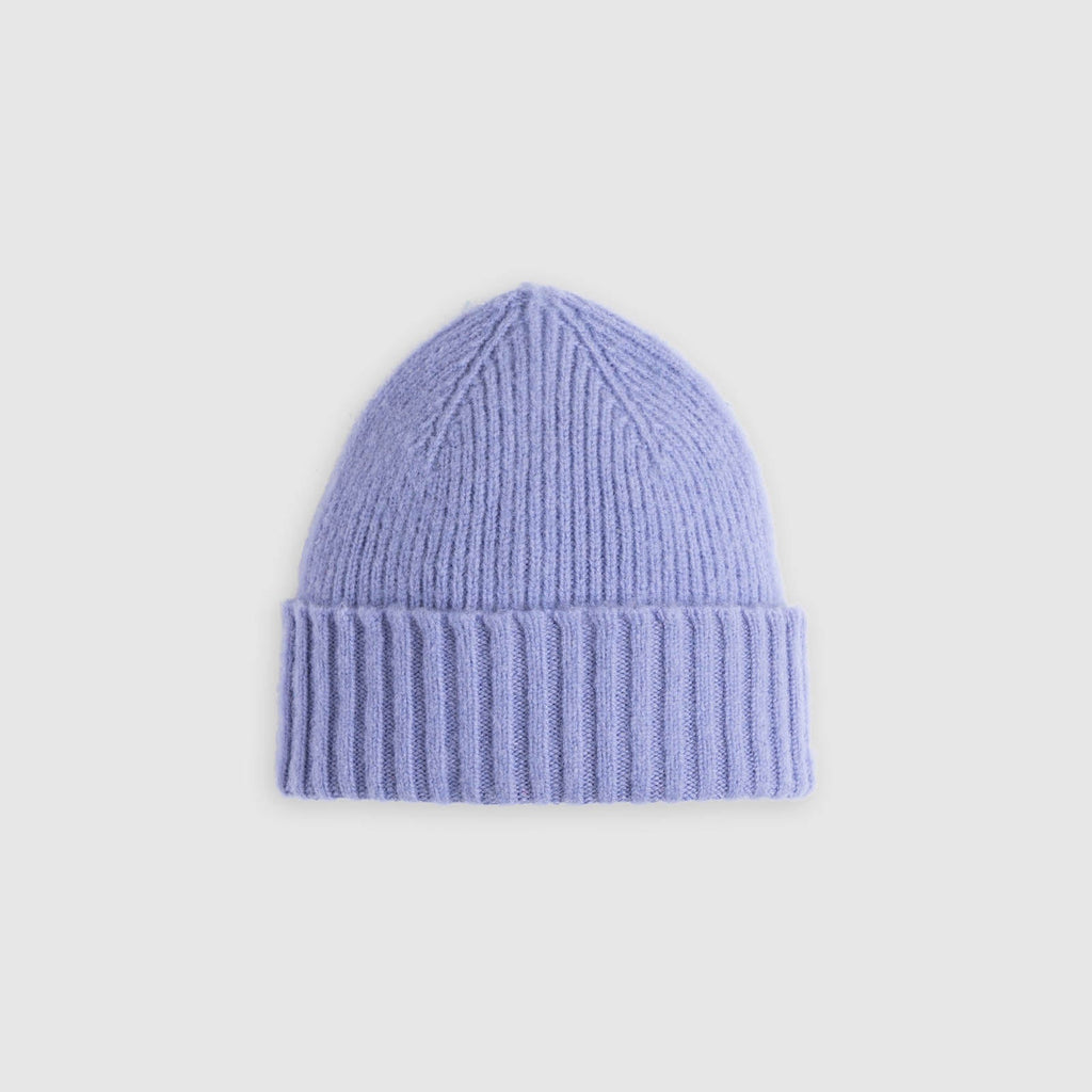 Flat lay of lavender wool watch cap with cuff. See product details for more information.