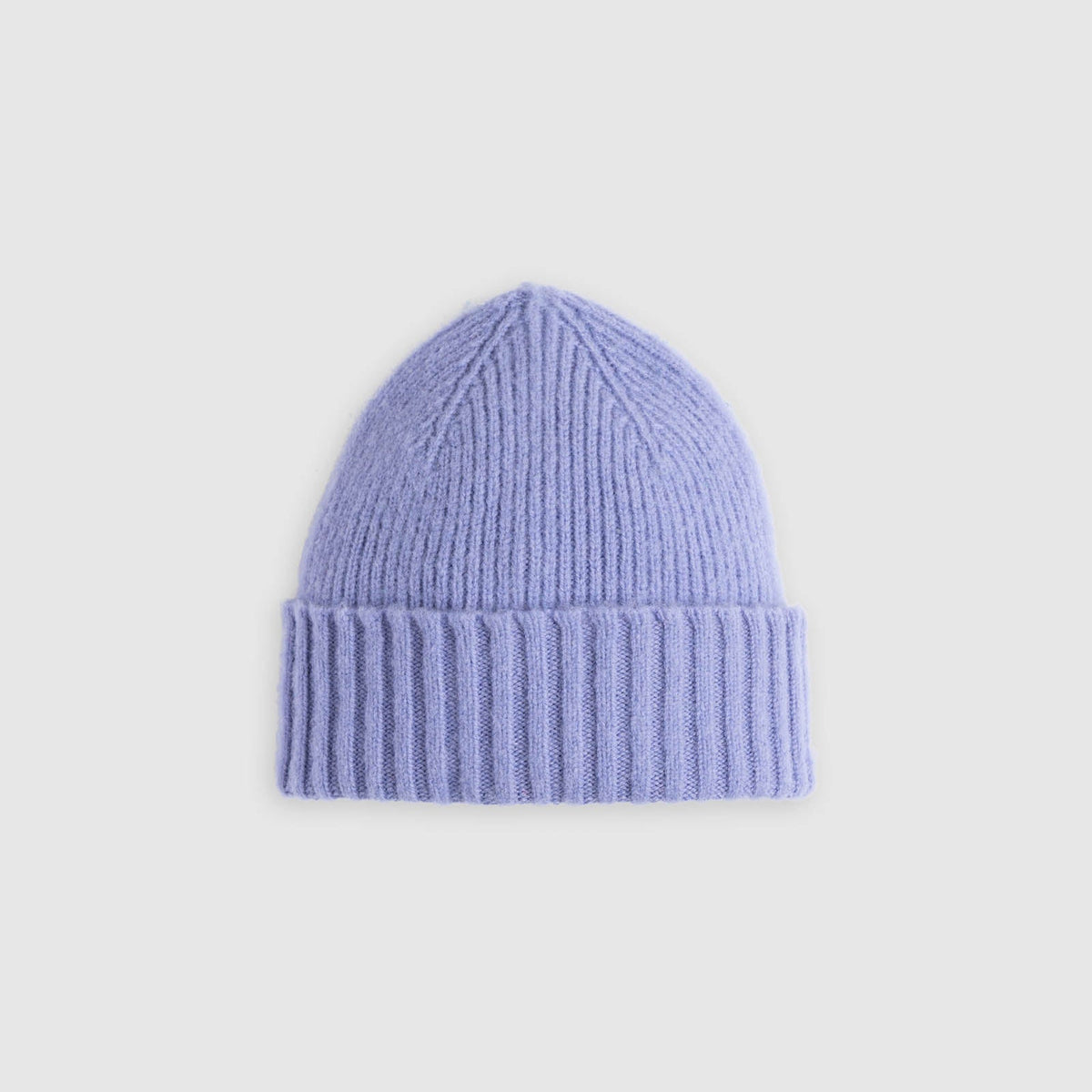 Flat lay of lavender wool watch cap with cuff. See product details for more information.