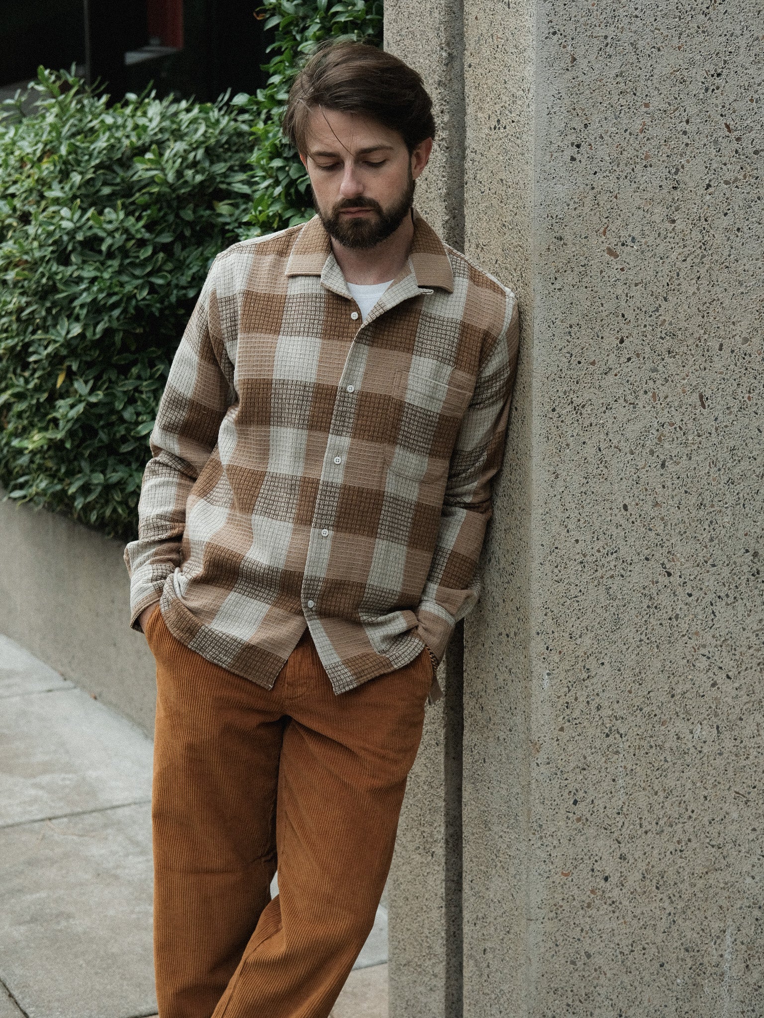 Tan Brushed Waffle Check Camp Shirt