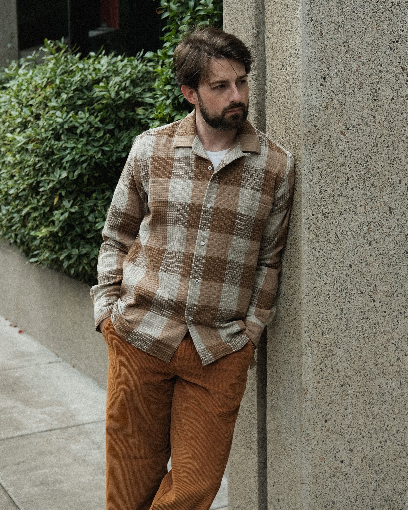 Tan Brushed Waffle Check Camp Shirt