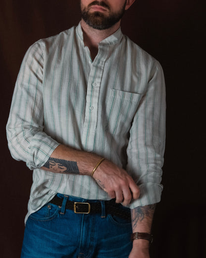 Popover Shirt in Tan Cotton/Ramie Cabana Stripe