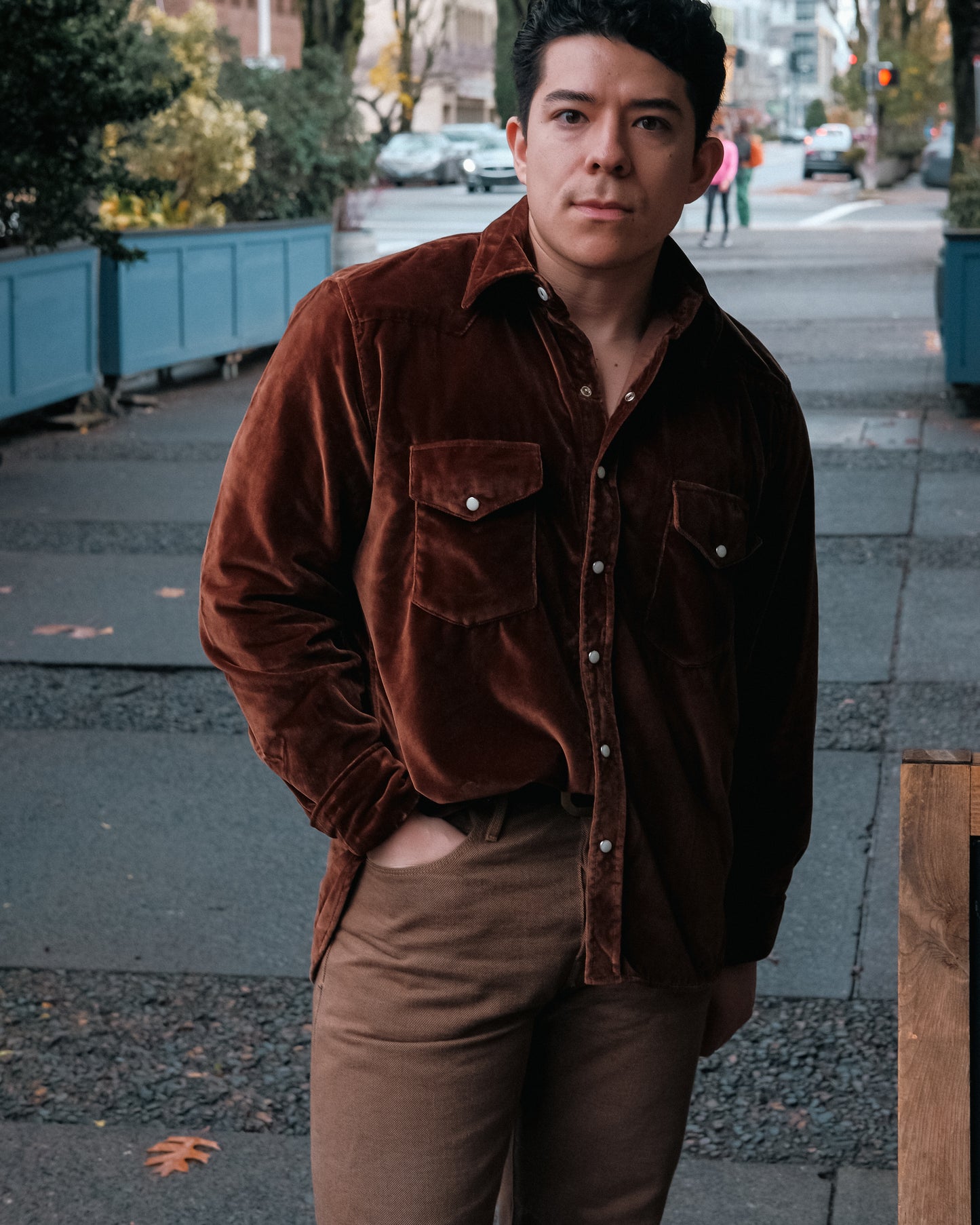 Velvet Pearlsnap Shirt in Chocolate Brown