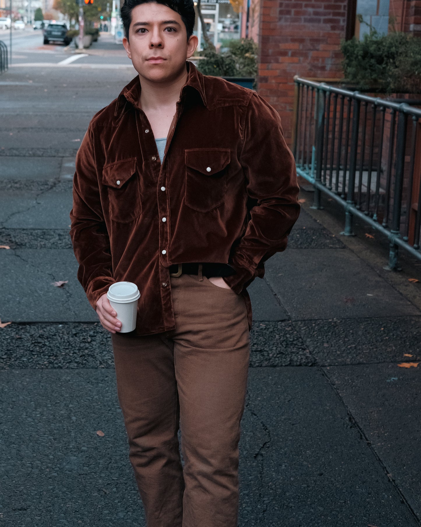 Velvet Pearlsnap Shirt in Chocolate Brown