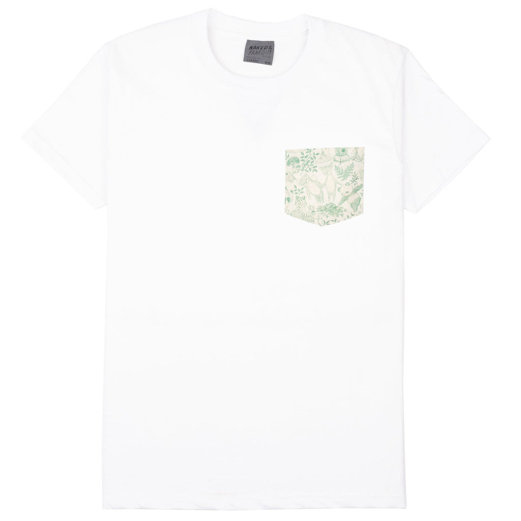 Pocket Tee in White in Green Linen Animals