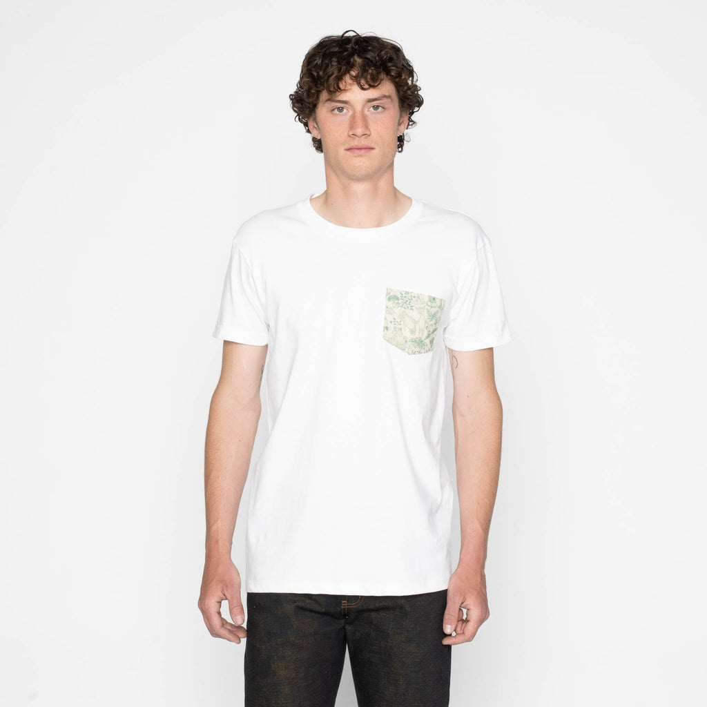 Pocket Tee in White in Green Linen Animals