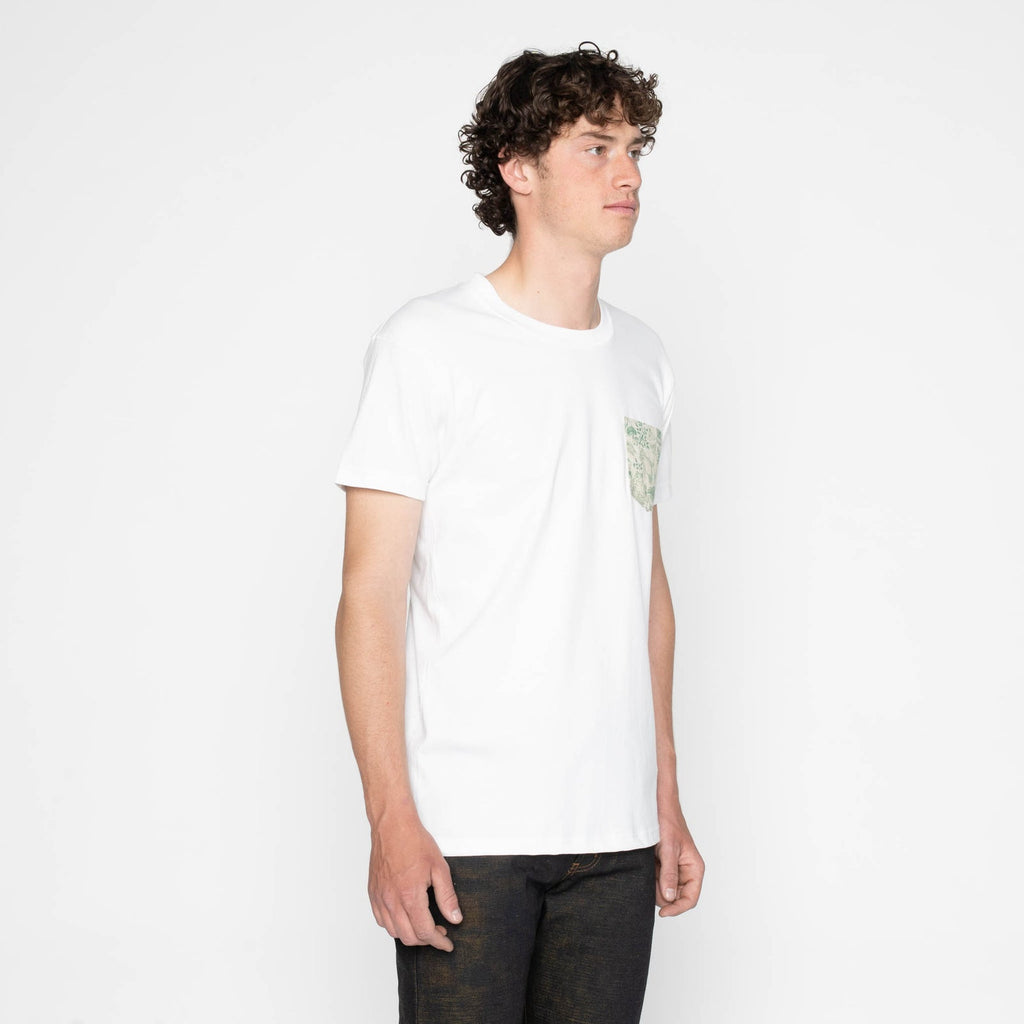 Pocket Tee in White in Green Linen Animals