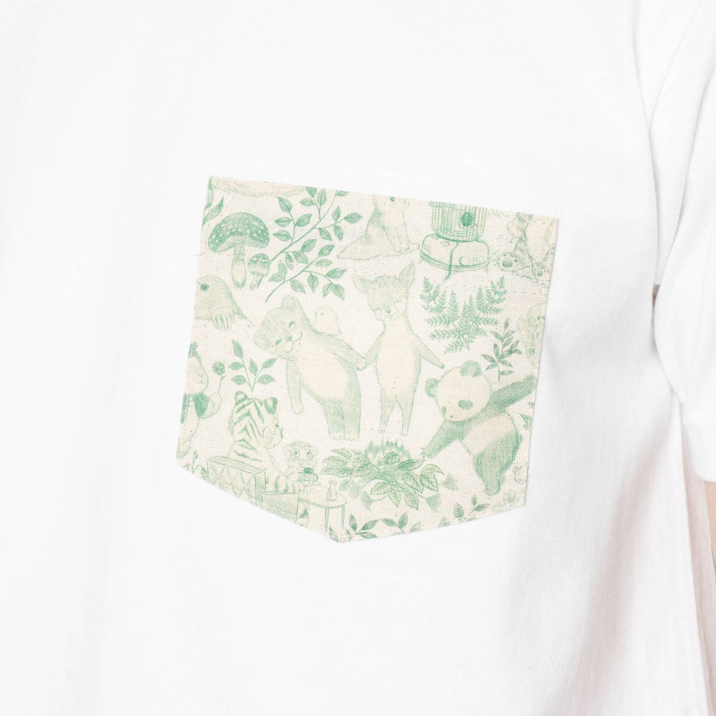 Pocket Tee in White in Green Linen Animals