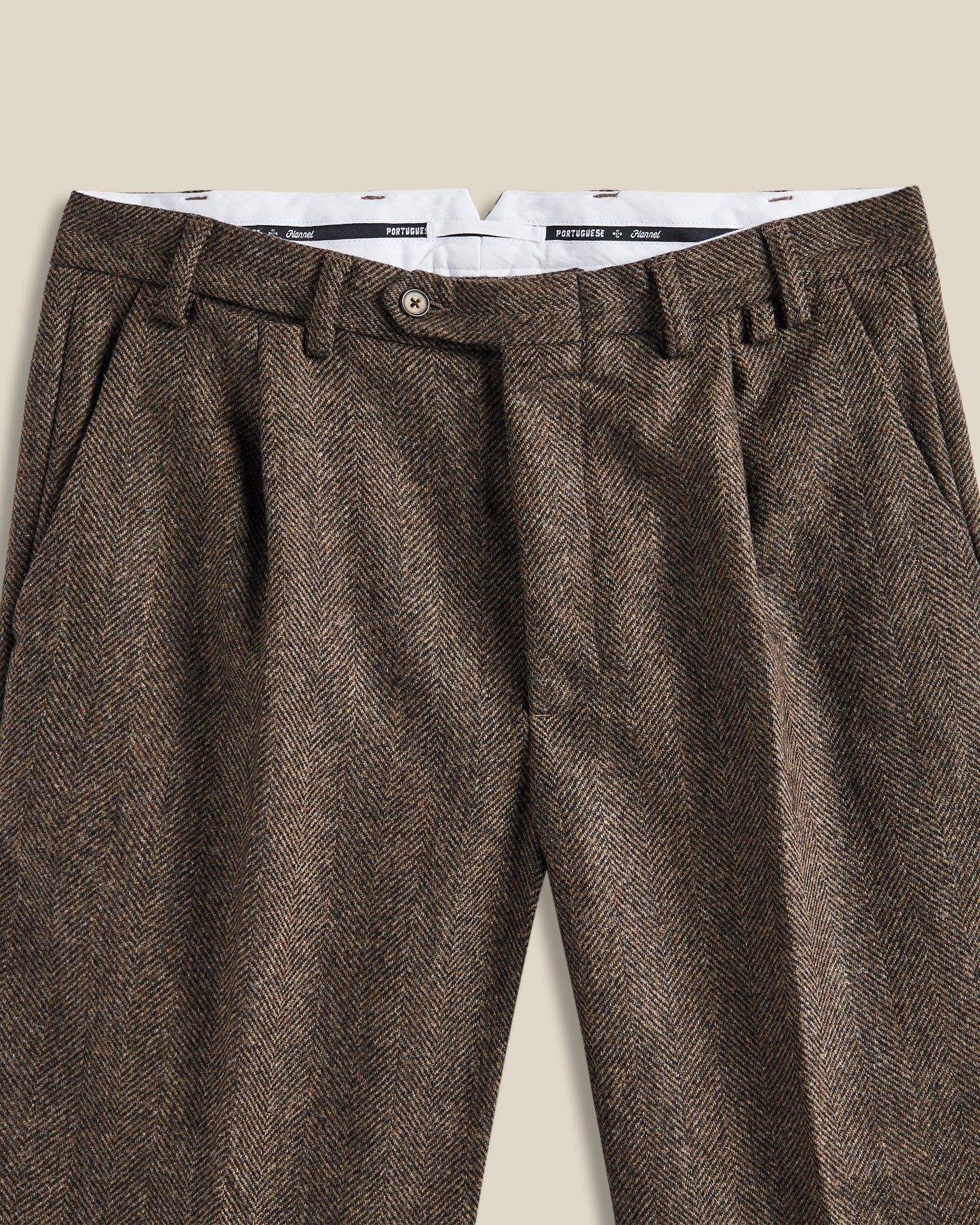 Wool Herringbone Trousers in Brown