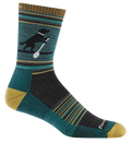 Teal sock with black dog silhouette and striped pattern on a teal background