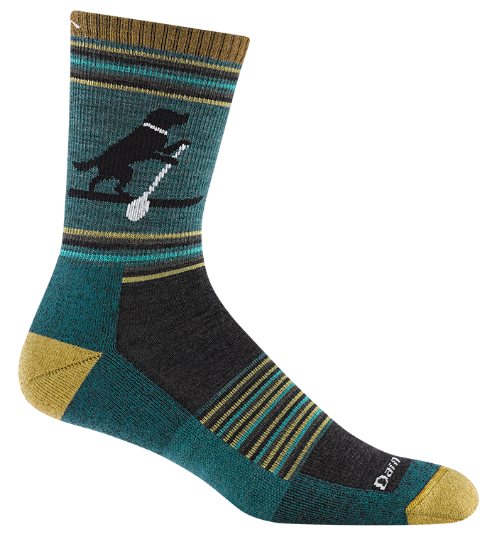 Teal sock with black dog silhouette and striped pattern on a teal background