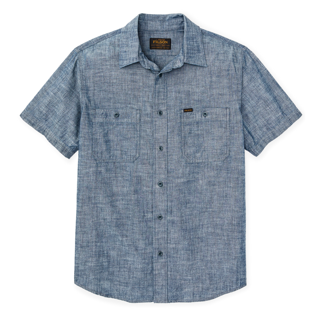 Short-sleeve Embroidered Chambray Shirt in Rinsed Indigo