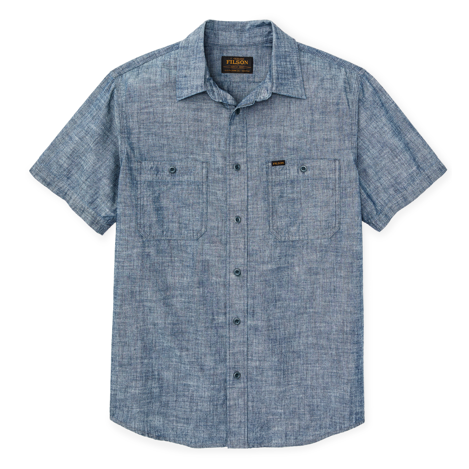 Short-sleeve Embroidered Chambray Shirt in Rinsed Indigo